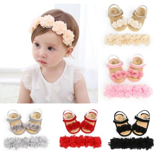 Newborn Kid Baby Girl Flower Sandals Casual Crib Shoes First Prewalker+Headband 2PCS