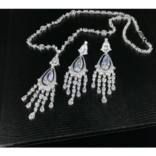 2021 new fashion luxury elegant popuplar retro crystal tassel CZ necklace earring set,wedding bride dinner party formal jewelry