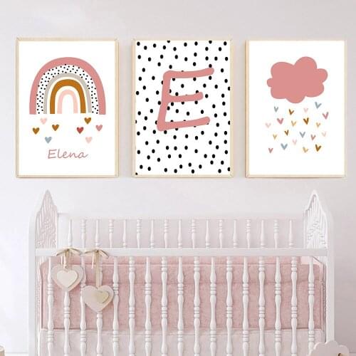 Alphabet Art Cloud Rainbow Canvas Painting Baby Custom Name Wall Art Poster Nursery Print Nordic Wall Pictures Girls Room Decor