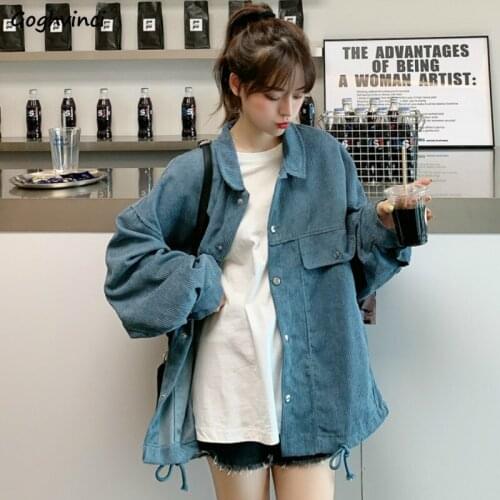 Basic Jackets Women Corduroy Turn-down Collar Pockets Bows Single Breasted Solid Korean Style Loose Young Students Simple New