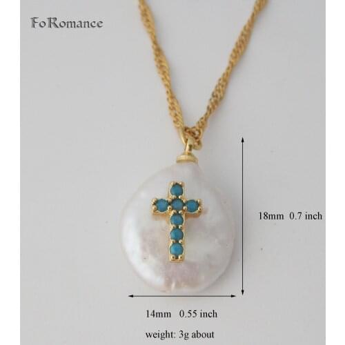 FoRomance YELLOW GOLD GP 18" WATER WAVE CHAIN NECKLACE BLUE STONE JESUS CROSS ON INREGULAR PEARL GOD RELIGIOUS CHRISTIAN PENDANT