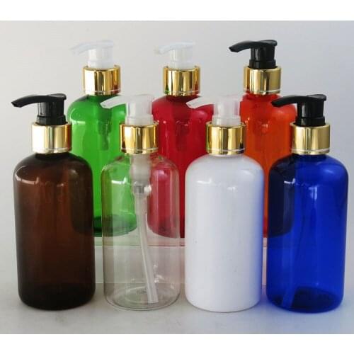 12PCS 220ml Amber Blue White Red Green Orange Clear Portable Refillable Plastic Makeup Clear Empty PET Bottles with Lotion Pump