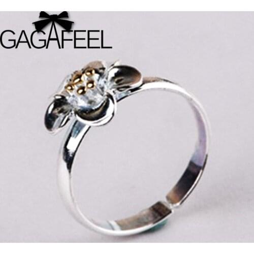GAGAFEEL Real 925 Sterling Plain Silver Fashion Engagement Gold-plated Small Flower Adjustable Open Ring Fine Jewelry Gifts