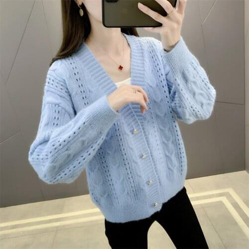 Room 208246, row 8, No. 3 (top)] real shooting, V-neck solid color hollow out knitted cardigan 48