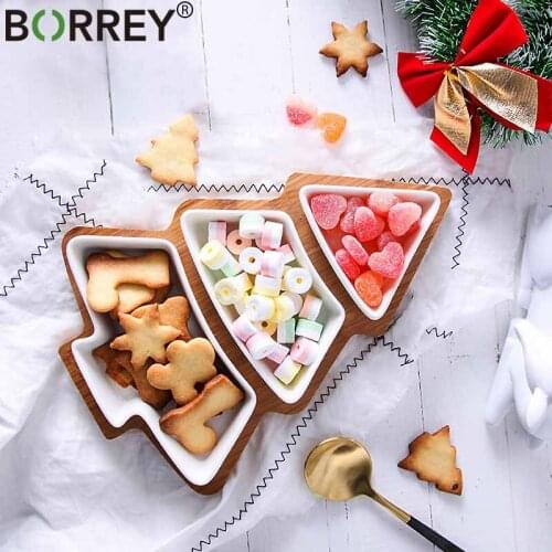 BORREY Ceramic Grid Snack Platter With Bamboo Tray Snack Nut Dessert Plates Fruit Tray Christmas Tree Shape Candy Snacks Dishes