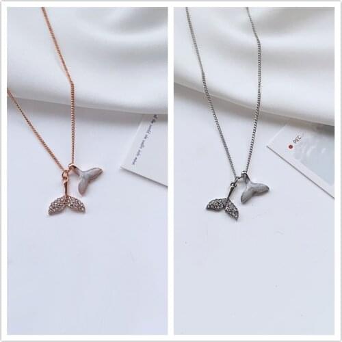 Korean Romantic Cute Rhinestones Inlaid Mermaid Fish Dolphin Tail Fin Pendent Necklace for Women Girls Neck Collar Jewelry Gift
