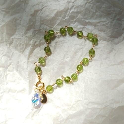 Lii Ji Green Peridot 4-5mm Beads 14K Gold Filled Natural Gemstone and Austria Crystal Bracelet Handmade Jewelry For Women Gift