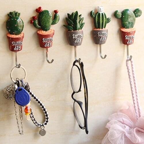1 Pc Artificial Flower Pot Plant Wall Hook Cactus Adhesive Home Decor Storage Organizer Key Rack Bathroom Kitchen Towel Hanger