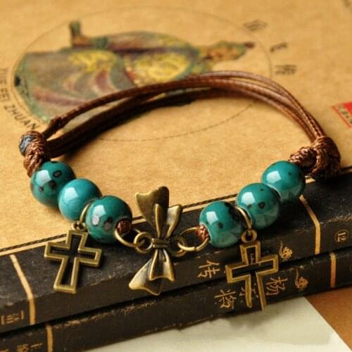 Wholesale Bohemian Jewelry New Bisexual Ceramic Green Beads Rope Tibetan Bracelet For Women Ethnic Style Boho Woven Bracelets