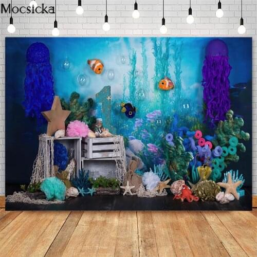 Under The Sea Backdrop For Children 1st Birthday Cake Smash Photo Props Studio Booth Background Blue Ocean Seaweed Photoshoot