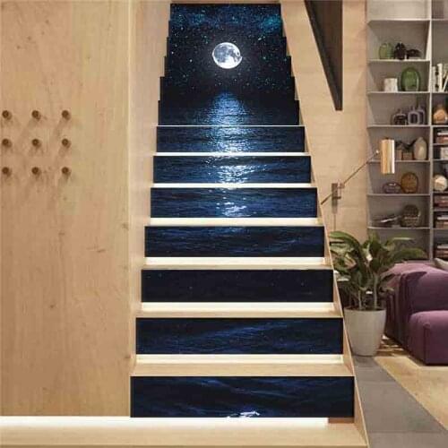 PVC wallpaper Bright moon at sea Star sea landscape simple 13 pieces of DIY stair stickers, step stickers, wall stickers