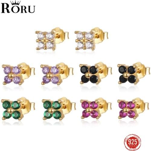 Sterling Silver 925 Stud Earrings Small Four Zircon Simple Earrings Sweet Fashion Mini Ear Jewelry Gift for Women