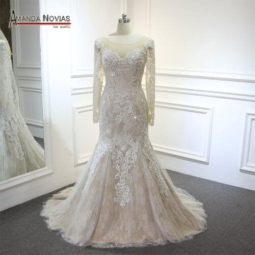 Amanda Novias O-Neck Long Sleeve Lace Appliqued Pearls Champagne Mermaid Wedding Dress