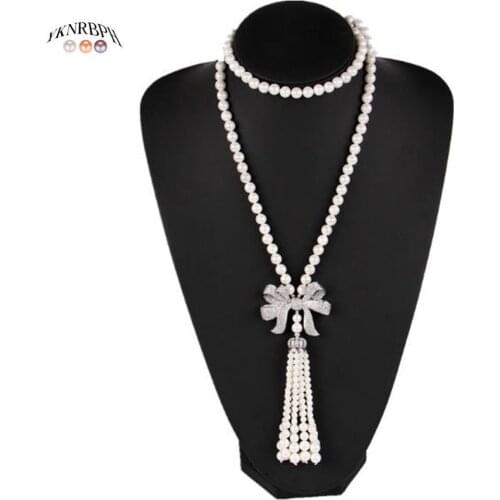 YKNRBPH Luxury Sapphire Autumn and Winter Sweater Pearl Necklace For Womens Silver Weddings jewelry Long Chains