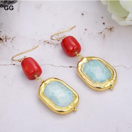 GuaiGuai Jewelry Natural Green Peruvian Amazonite Red Coral Gold Plated Hook Dangle Earrings