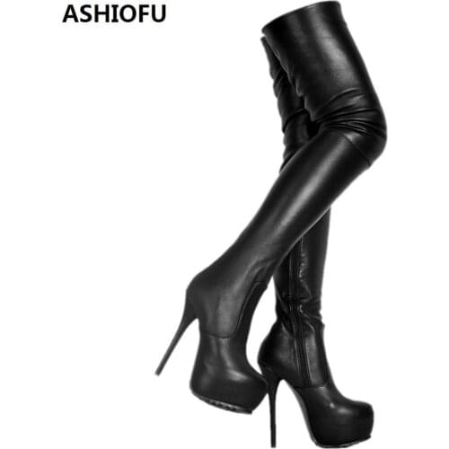 ASHIOFU Handmade Ladies Thigh High Boots Japanese Style Sexy Party Over Knee Boots Night Club Winter Fashion Evening Long Boots