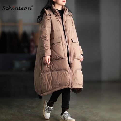 Schinteon Women Long Down Jacket A-Lined Autumn Winter Casual Loose Over Size Coat Warm Outwear with Hood 2021 New