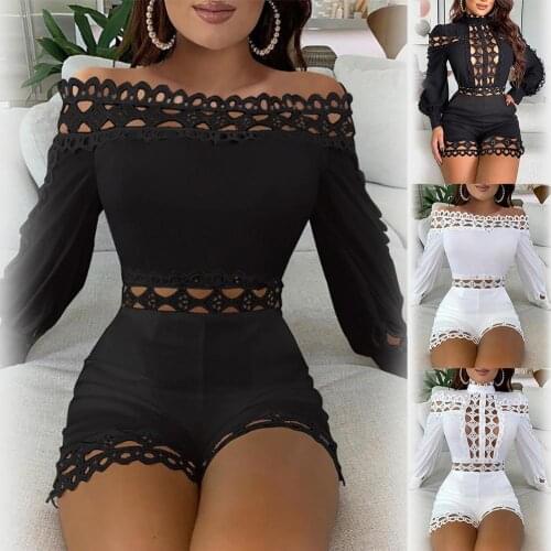 Women Sexy Off Shoulder/Mock Neck Hollow Out Lace Patchwork Jumpsuit Playsuit Strapless Long Sleeves