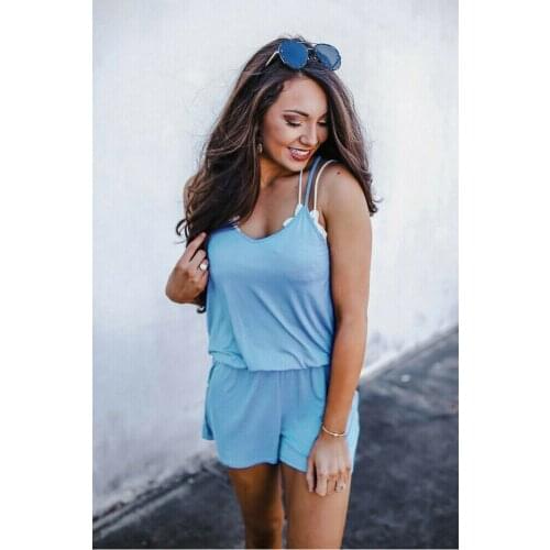 Women Summer Casual Blue Loose Jumpsuits 2019 New Women Casual Blue Sleeveless V-Neck Loose Strap Jumpsuits