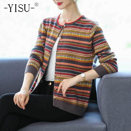 YISU Autumn Women Sweater Cardigan Printing O-Neck Long sleeve Coat Female Casual Single breasted Knitted Cardigan 2021
