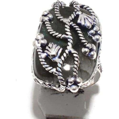 Genuine Labradorite Ring Silver Overlay over Copper , Hand Made Women Jewelry gift , R6524 , Size: 8.25