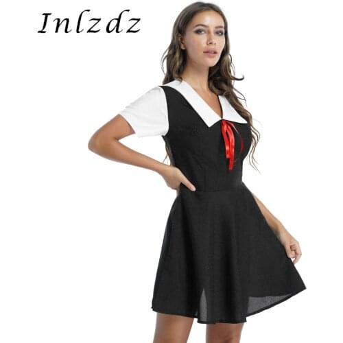 Womens Schoolgirl Uniform Summer Sailor Collar Short Sleeve Fancy Flared Dress Ball Anime Carnival Role Play Cosplay Costume