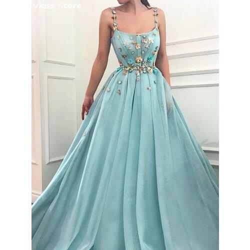 Sky Blue Evening Dress A-line Spaghetti Strap Floor Length Tulle Square Neck Flowers Sexy Prom dresses for women 2020 elegant