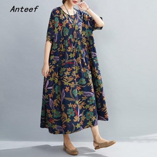 Short sleeve plus size cotton linen vintage floral dresses for women casual loose long woman summer dress elegant clothes 2021