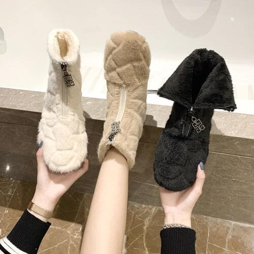 2021 Winter Womens Shoes Faux Short Plush Snow Boots Flat Bottom Mink Shoes Female Winter Mink Hair Plush Upper Cotton Shoes