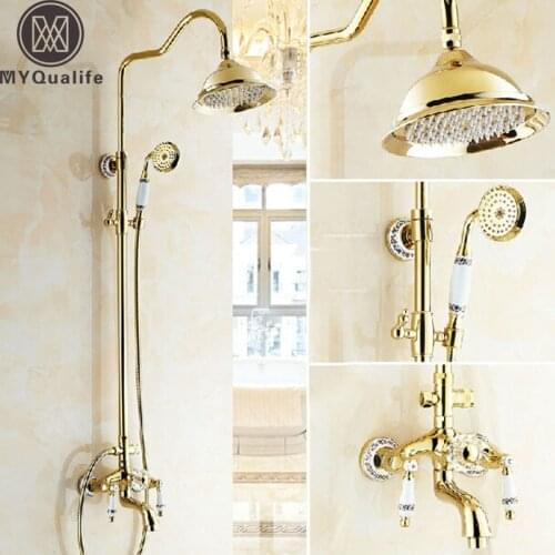 Golden Bathroom 8" Rainfall Shower Tub Faucet Set Wall Mounted Rotate Spout Two Handles Shower Mixer Tap Ceramic Handshower