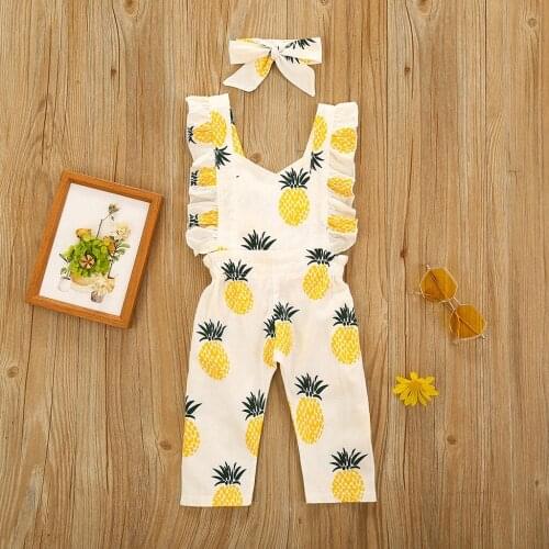 2PCS baby girl clothes set Toddler Baby Girls Cotton Lovely Fruit Print Ruffles Sleeveless Jumpsuit With Headband Two-piece Sets