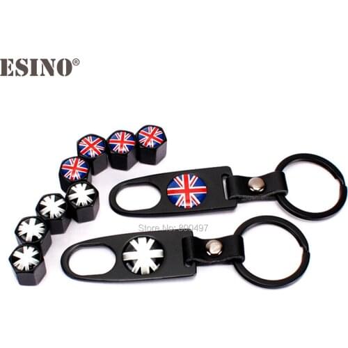 4 x Car Styling Stainless Steel Zinc Alloy Wheel Tire Valve Stems Caps UK Flag Universal Fit With Mini Wrench Key Chain