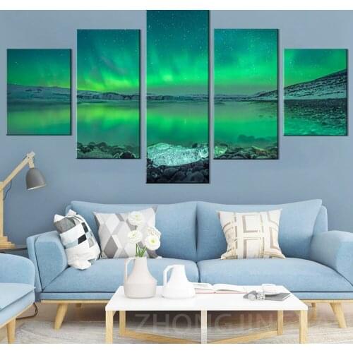 5d diamond painting 5 Panel Aurora Borealis Lake View diamond mosaic full square round diamond Landscape embroidery A148