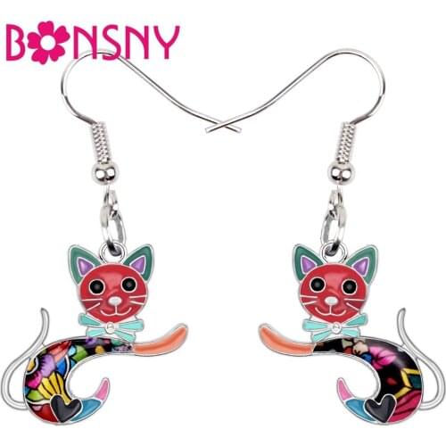 Bonsny Statement Enamel Alloy Cartoon Jumping Cat Kitten Earrings Big Long Fashion Animal Jewelry For Women Girl Pet Lovers Gift