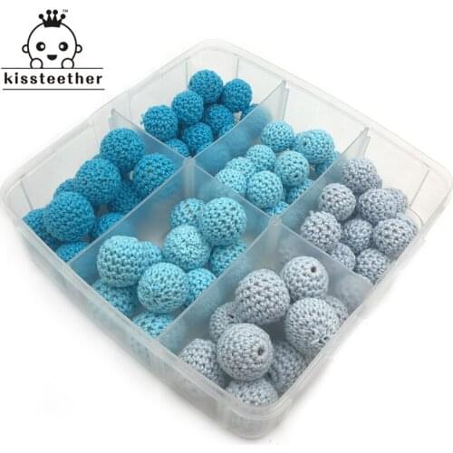 75pcs Blue Series Crochet Beads Round Wooden Teething Crochet Beads Eco-friendly Necklace/Bracelet Baby Teether Jewelry Kit