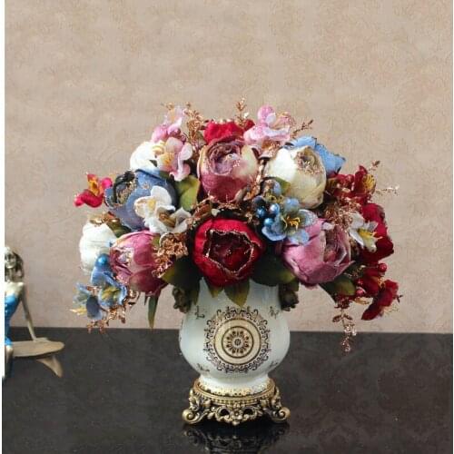 European Luxury Ceramic Vase+Simulation Flower Home Livingroom Desktop Figurines Crafts Coffee Table Silk Flower Pot Decoration