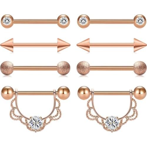 JFORYOU 8PC 14G 316L Stainless Steel Nipple Rings Nipple Piercing Barball Bar CZ Women Body Piercing 4 Styles