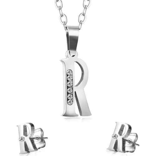 Free Chain R Letter Necklace Earring Set Stainless Steel Shiny Crystal Stone Jewelry Sets Best Gift For Women