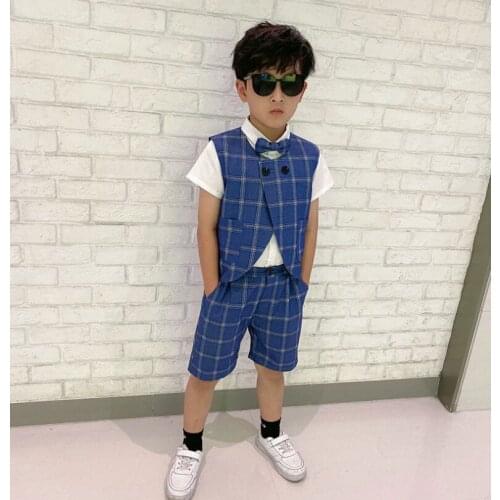 2021 Boys Summer Vest+Short 2Pcs Formal Wedding Suit Gentleman Kids Performance Dress Children Graduation Clothing Set