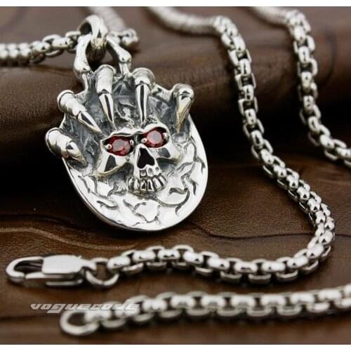 LINSION 925 Sterling Silver Claw Skull Red CZ Eyes Mens Biker Rock Punk Pendant 8X017