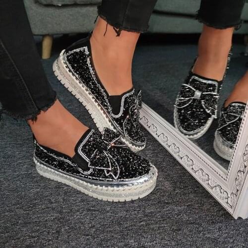 Fashion Woman Shoes Rhinestones Woman Shoes Women Shining Rhinestone Slip-on Loafers Bowknot Shoes Lazy Casual Shoes Size 43