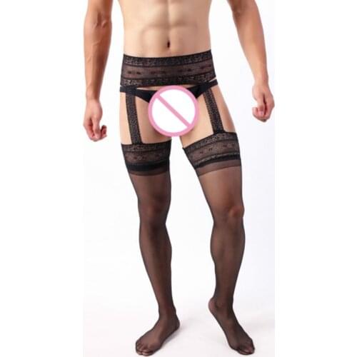 Mens Crotchless Pantyhose Shengrenmei Cool Man Black Stockings with Lace Garter Belt Tights Transparent Open Crotch Underwear