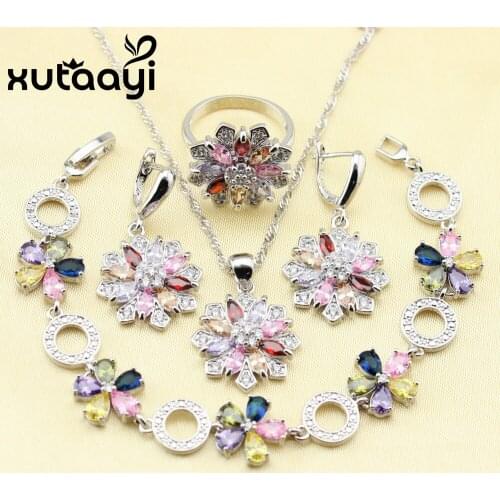 XUTAAYI Sterling Silver Jewelry Set Flower Colorful Multicolor Stone Earrings Ring Necklace Pendant Bracelet Christmas Gift