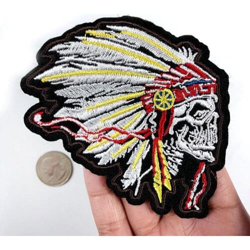 Punk Style Skull Embroidery Patches Human Skeleton Chief Indian Tribe Savage Feather Appliques Iron On Patches for Clothing