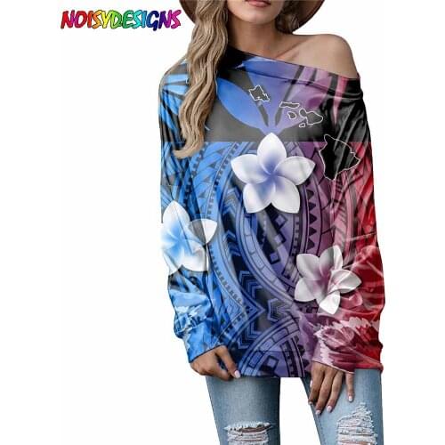 NOISYDESIGNS Gradient Hawaii Polynesian Plumeria Print Large Size Women Tops Tee Female Long Sleeves Off Shoulder Clothes Mujer