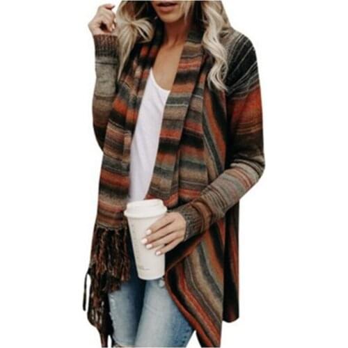 New Autumn Women Sweater Large Size Knitted Sweater Coat Slim Cadigan Lopng Sleeve Striped Outerwear Casual Tassel Sweater J737
