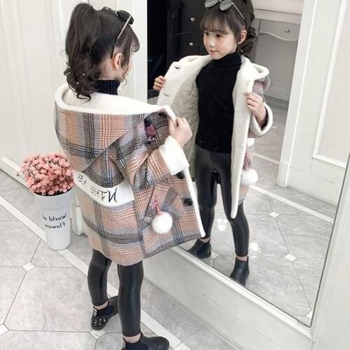 New Autumn And Winter Girls Woolen Button Coat Fashion Letter Pattern Long Plaid Coat Girl Hooded Cardigan Thick Coat 4-12 Years