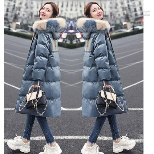 New down jacket womens gold velvet big hair collar small long style over the knee fashion