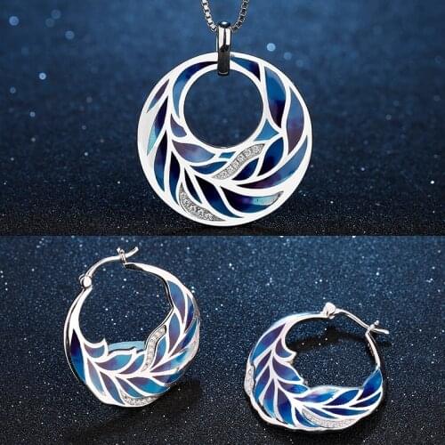 OGULEE Women Fashion Jewelry Sets Blue Feather Enamel Clip Earrings Delicate Pendant Necklace Engagement Wedding 2021 New Gifts