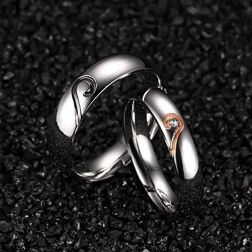 Engraved Love Heart Couple Rings with Cubic Zirconia Stainless Steel Engagement Wedding Rings for Men Women Promise Jewelry